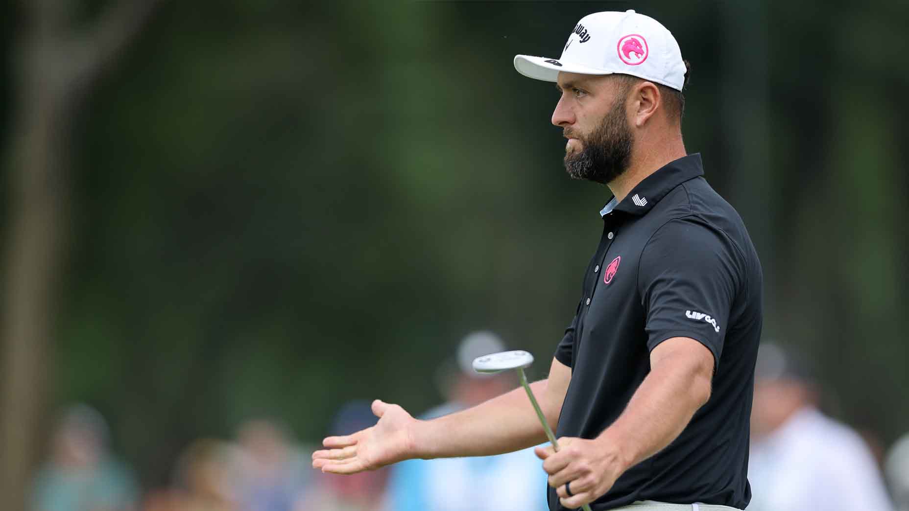 Jon Rahm reacts to a putt at LIV Golf Mexico City