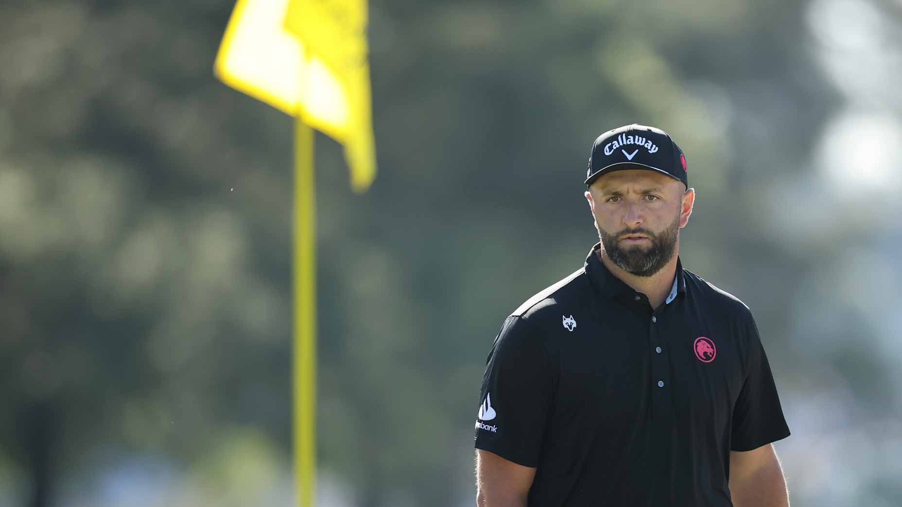 A male golfer in a black shirt and cap stands on a golf course near a flagstick, looking focused; trees and a blurred yellow flag are visible in the background.