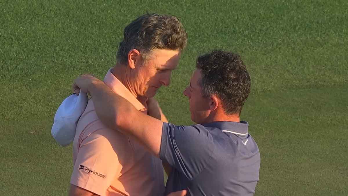 Justin Rose and Rory McIlroy talk at the Masters