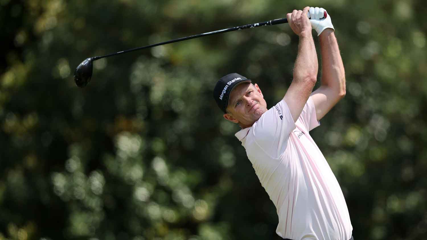 Justin Rose of England plays his shot from the 11th tee during the second round of the 2026 Masters Tournament at Augusta National Golf Club