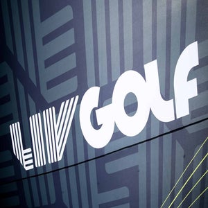 LIV Golf logo pictured in a tent during LIV Golf Greenbrier.