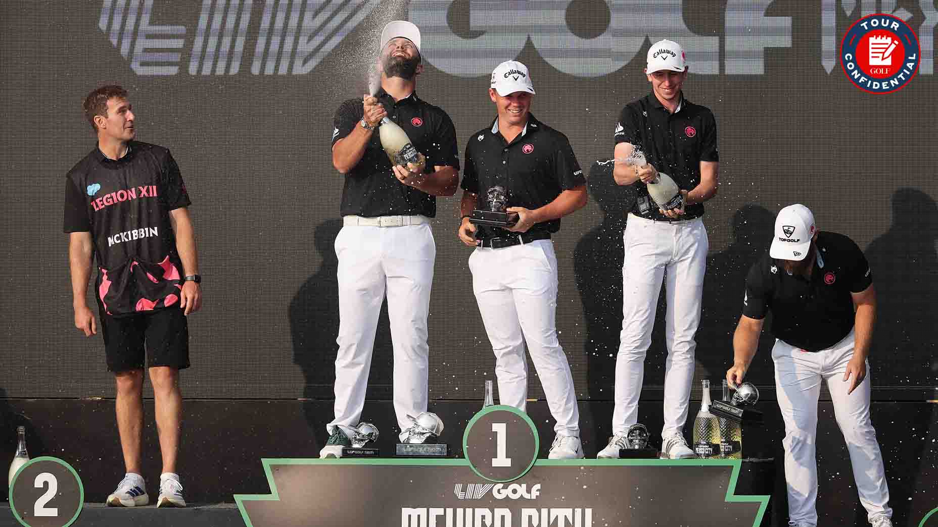 Jon Rahm, Tyrrell Hatton, Caleb Surratt and Tom McKibbin celebrate winning LIV Golf Mexico
