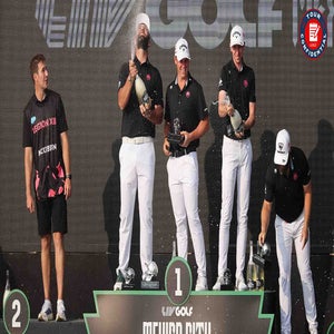 Jon Rahm, Tyrrell Hatton, Caleb Surratt and Tom McKibbin celebrate winning LIV Golf Mexico
