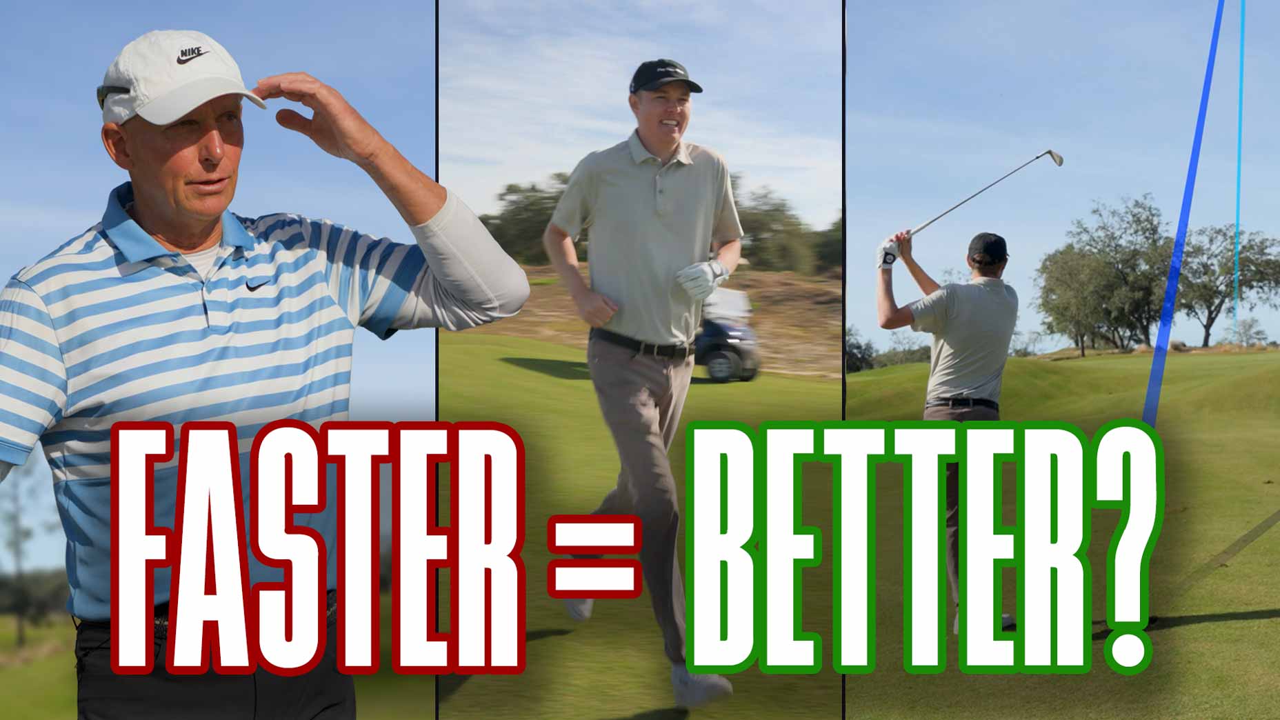 chrisopher smith stands next to golf.com editor zephyr melton as he runs and hits golf shot