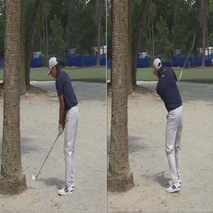 Rickie Fowler attempts a rare backward lefty shot at the 2026 RBC Heritage.