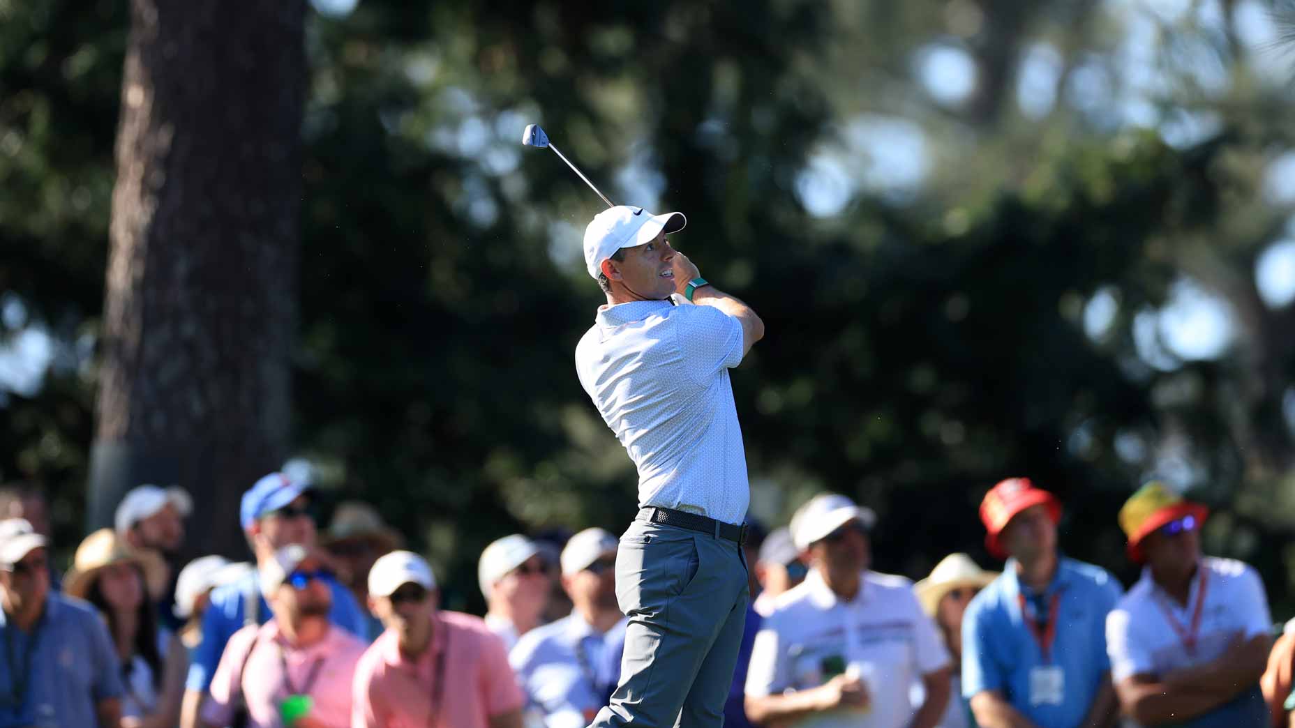 Rory McIlroy hits shot during 2026 Masters: 2026 Masters Saturday TV coverage.