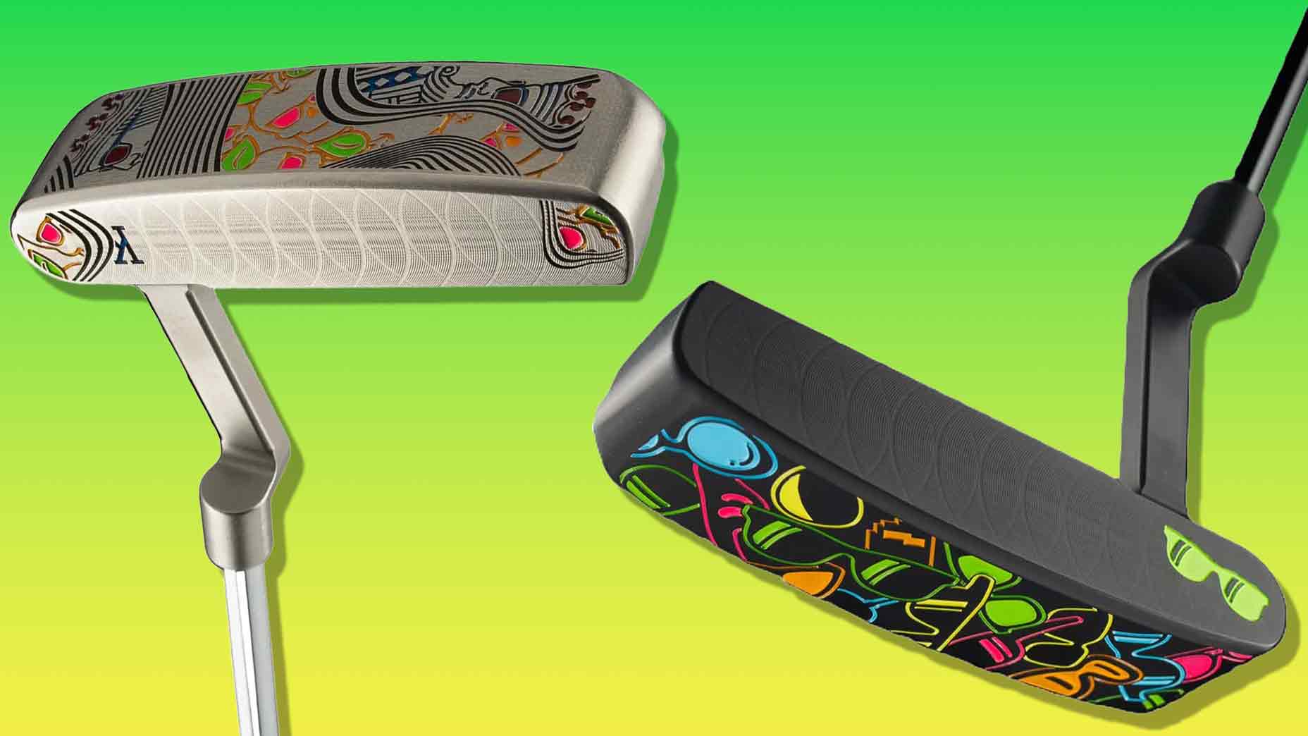 Two colorful SWAG putters are displayed on a green and yellow gradient background. Each features bold, vibrant abstract designs on the head, with one putter’s shaft silver and the other black—perfect for those looking to shop SWAG putters in style.