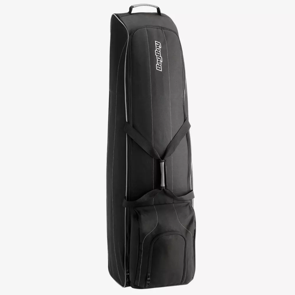 A black rectangular golf travel bag with a zippered front pocket, white stitching, a carrying handle on top, and the “Bag Boy” logo in white near the top—perfect for carrying clubs or accessories like the best golf rangefinders.