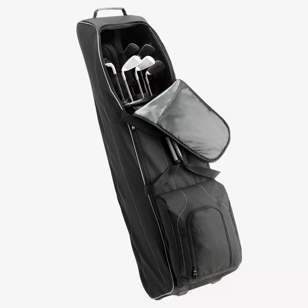A black golf travel bag with an open front pocket, revealing several golf clubs inside—perfect for carrying your best golf rangefinders. The bag features handles and extra compartments, standing upright against a white background.