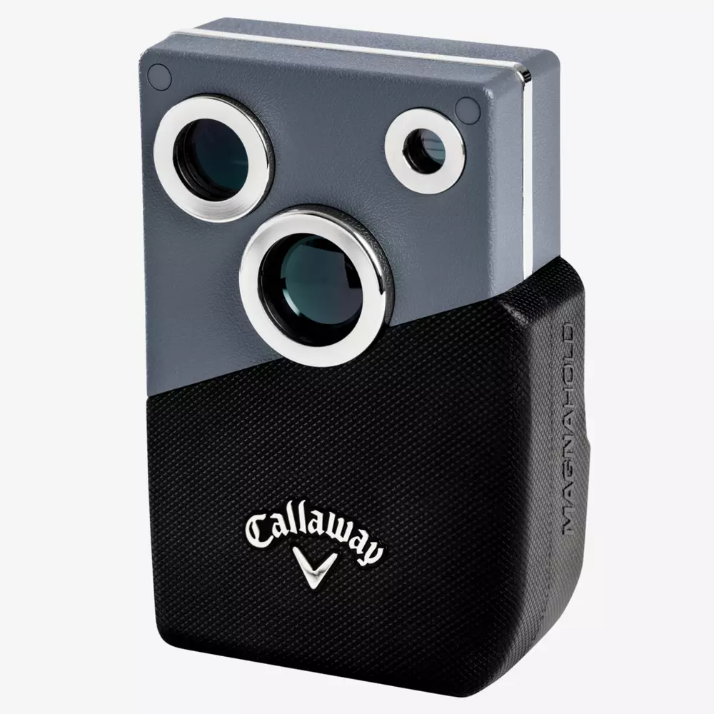 A gray and black Callaway MagnaHold golf rangefinder with three circular lenses and the Callaway logo, featuring a textured grip and modern rectangular design—one of the best deals under $50 for golfers seeking quality and value.