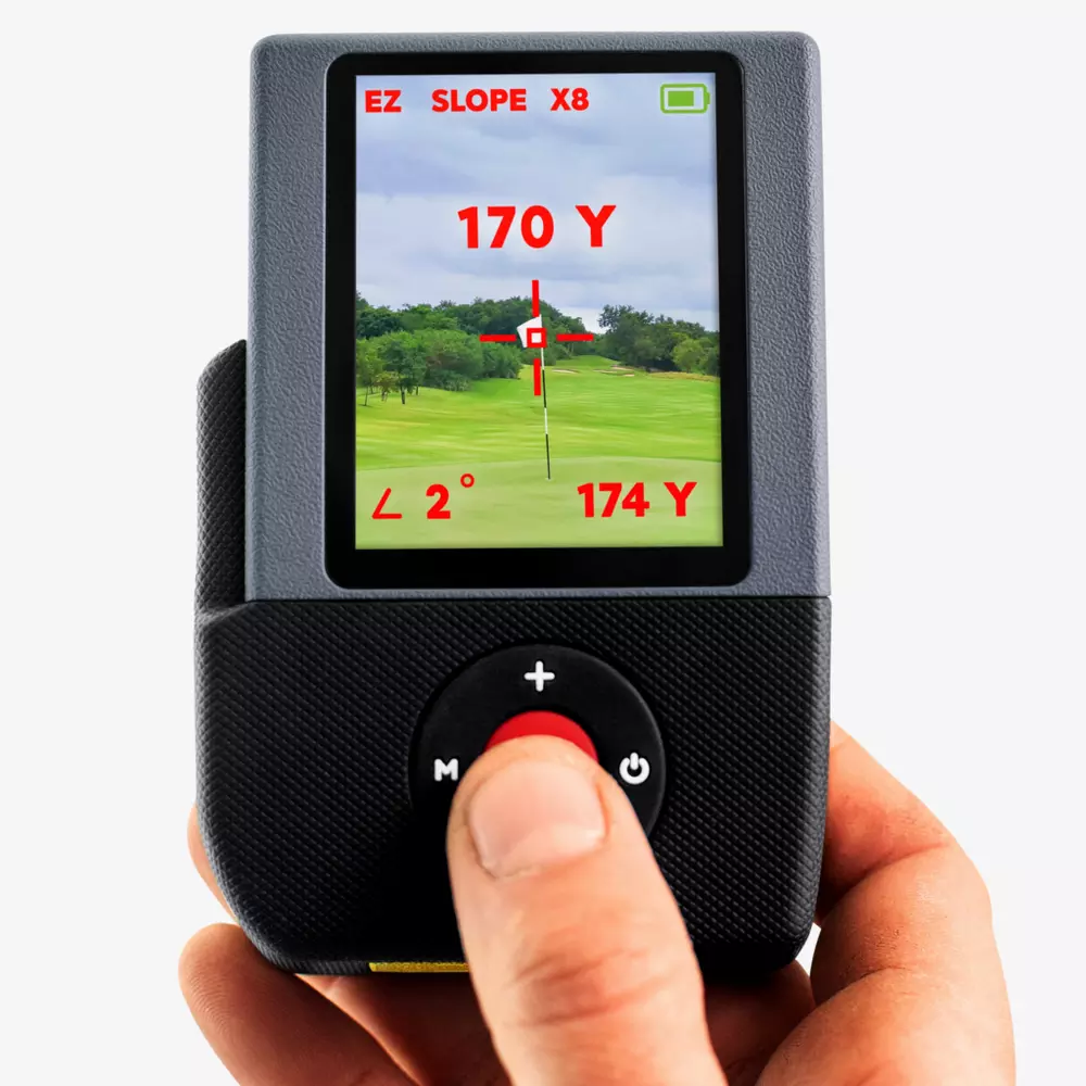 A hand holds a digital golf rangefinder—one of the best deals under $50—displaying a golf course view, 170-yard distance, red targeting graphics, slope angle, and control buttons below the screen.