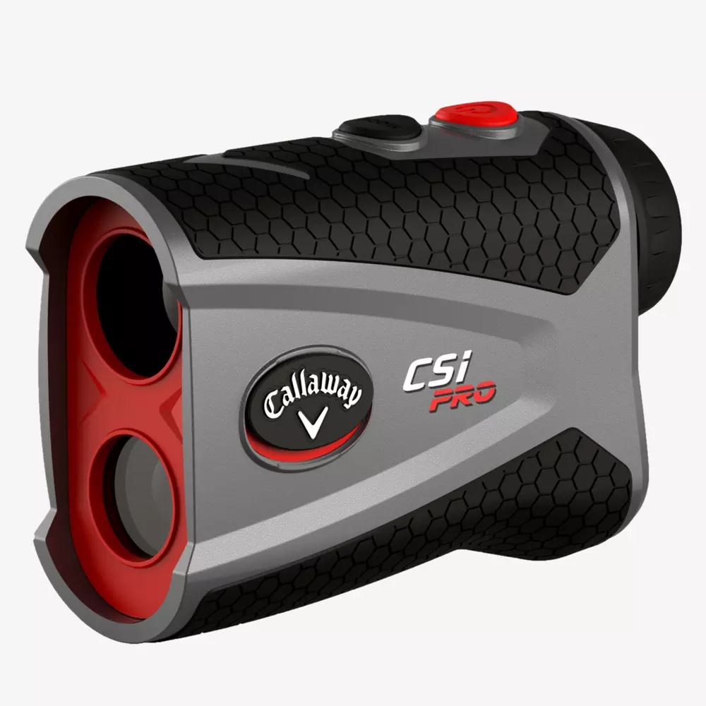 A Callaway CSI Pro rangefinder with a black, grey, and red design, featuring a textured grip, two buttons on top, and the Callaway logo on the side—one of the best deals under $50 for golfers.