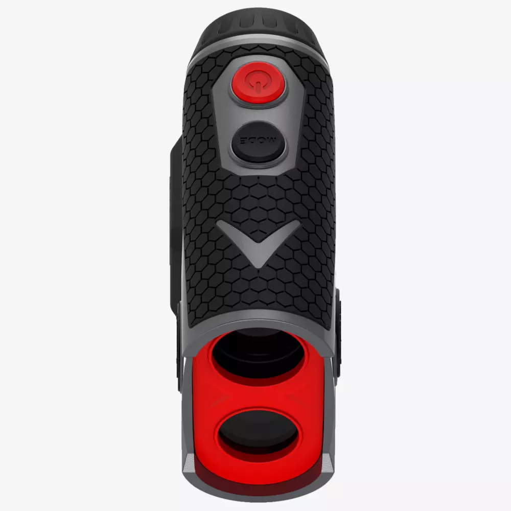 A close-up view of a handheld device with a black textured grip, a large red power button, and an ECO mode—one of the best deals under $50—plus two circular red and black lenses at the bottom.