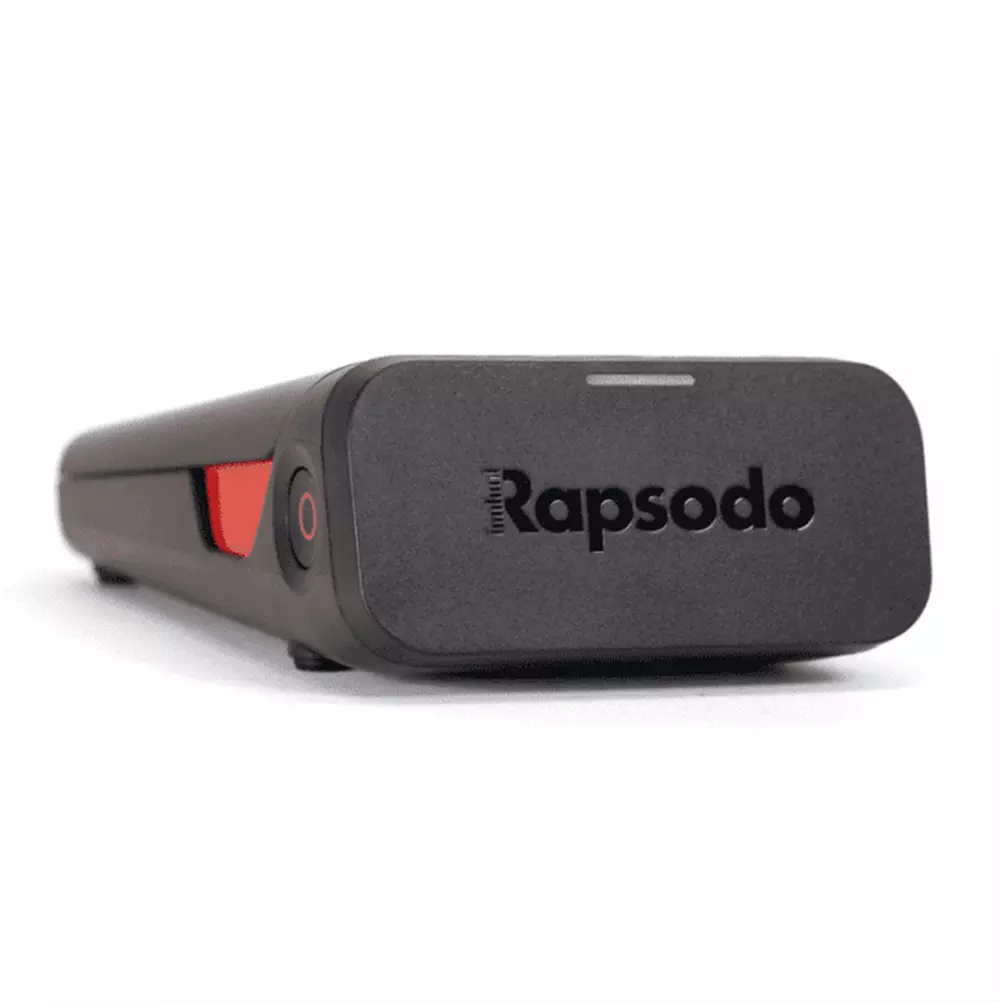 A black Rapsodo sports device viewed from the front angle, featuring the brand name and logo on its face, with a red button on the side—perfect for those seeking best deals under $50.