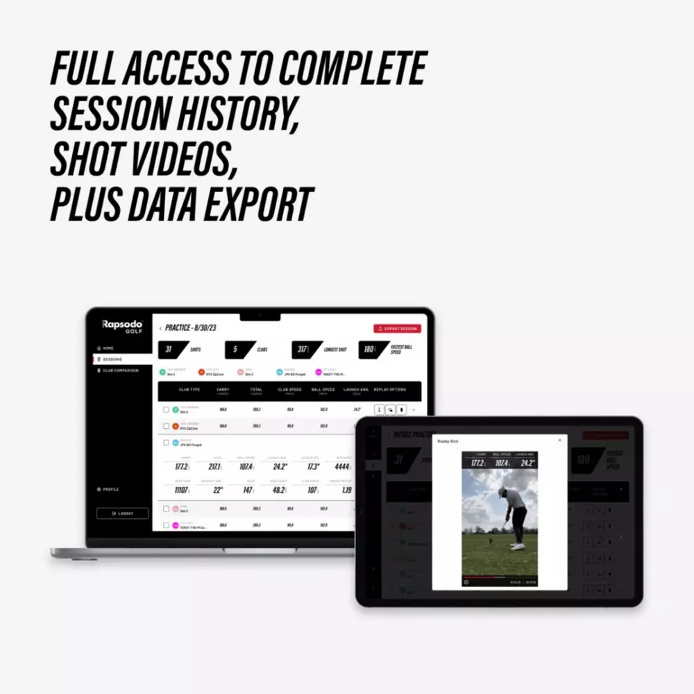 A laptop and a tablet display sports performance data and a golfer’s swing video. Text above reads: Full access to complete session history, shot videos, plus data export. Discover the best deals under $50 for powerful performance tracking.