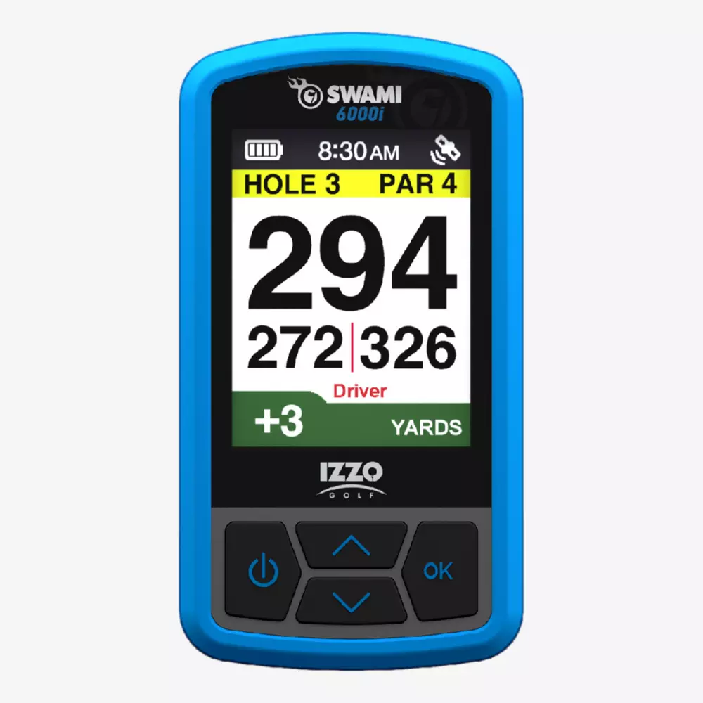 A blue handheld golf GPS device displays HOLE 3 PAR 4 with yardages 294, 272, and 326. The screen shows +3 YARDS, control buttons are below the display—one of the best deals under $50 for golfers seeking accuracy.