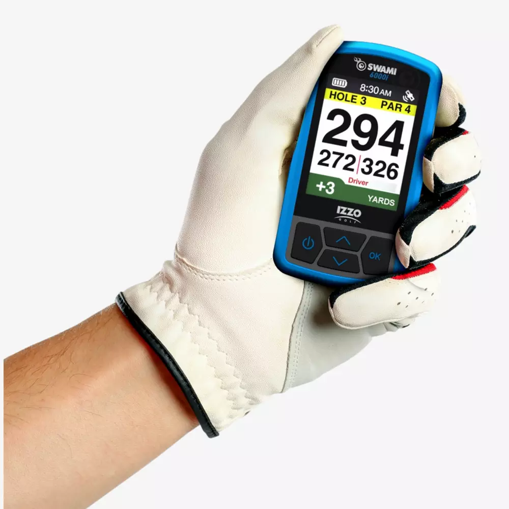 A gloved hand holds a blue handheld golf GPS device displaying the distance to the green on Hole 3, Par 4, with yardages of 294, 272, and 326 shown—highlighting one of the best deals under $50 for golfers.