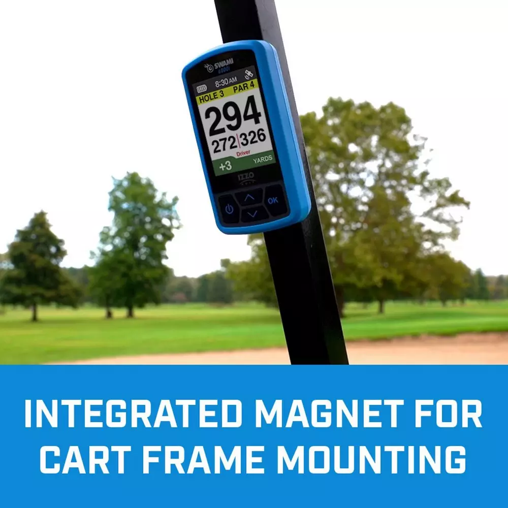 A golf GPS device with a digital display is magnetically mounted on a metal cart frame, with a golf course and trees in the background. Text below reads, Integrated Magnet for Cart Frame Mounting—one of the best deals under $50.
