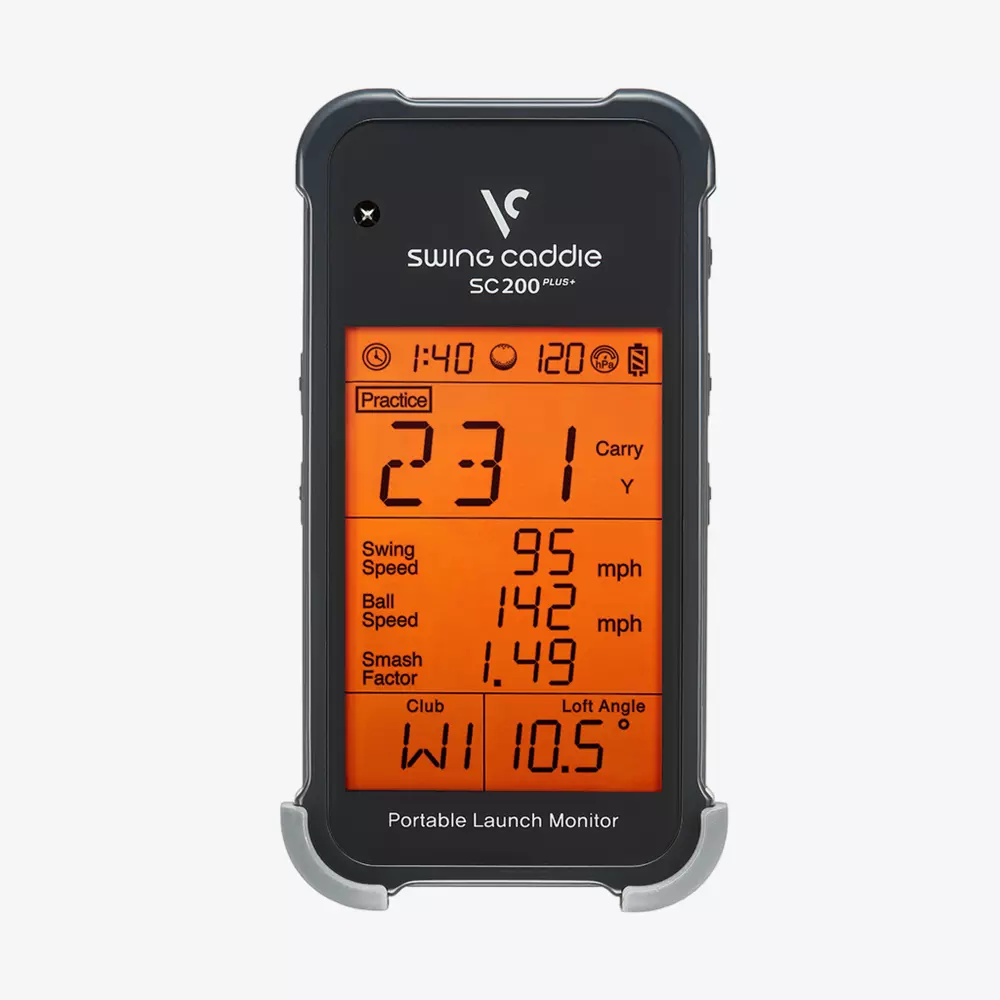 A black portable golf launch monitor with an orange display shows metrics like carry distance and swing speed. The Swing Caddie SC200 Plus is a top pick among the best golf deals for $100 or less.