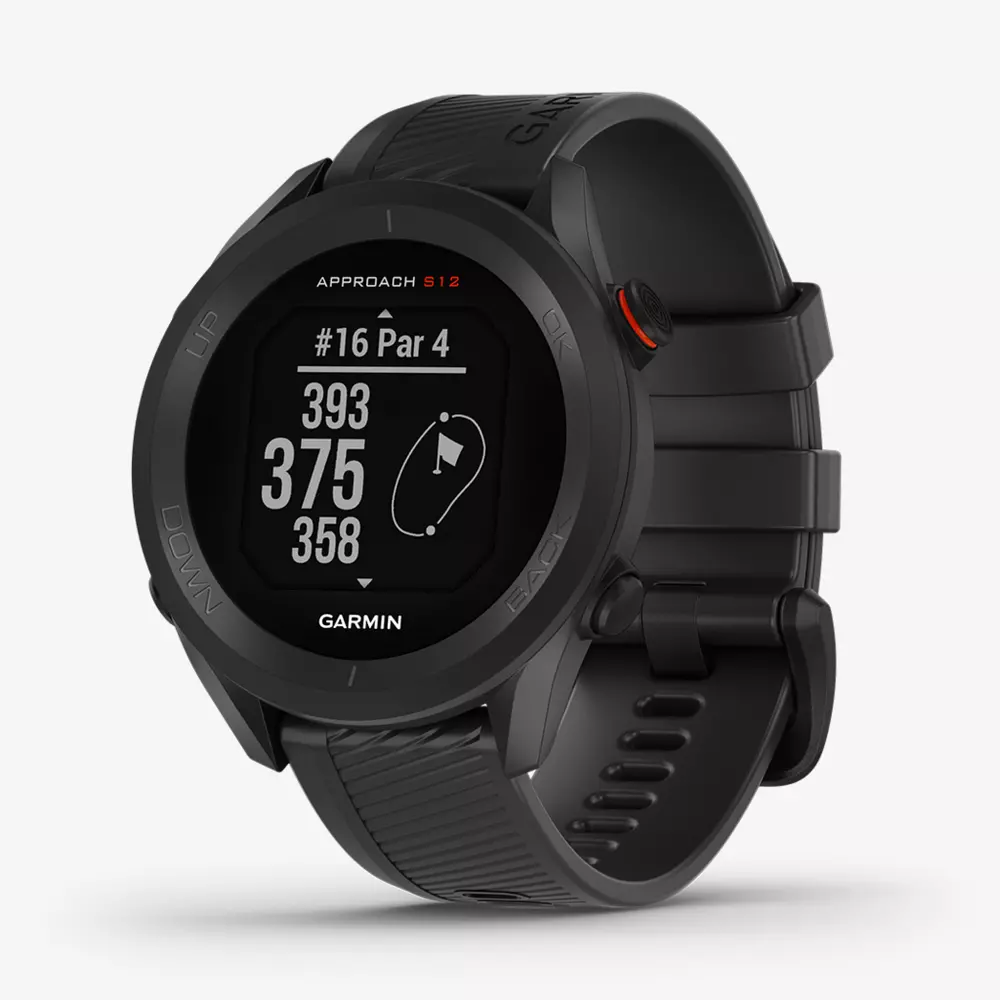A black Garmin Approach S12 GPS golf watch displays hole 16, par 4, with distances of 393, 375, and 358 yards on its round digital screen—one of the best golf deals for $100 or less.