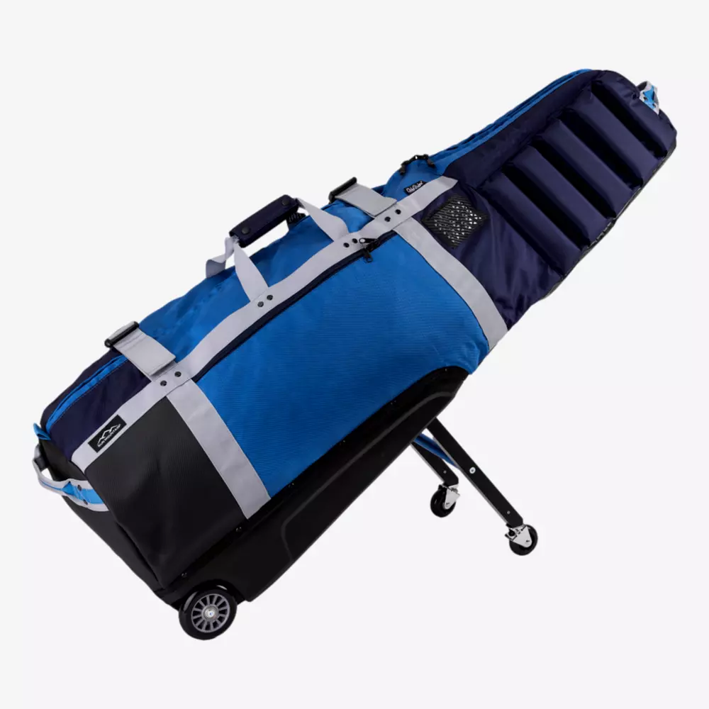 A large blue and black golf travel bag with wheels and reinforced padding, designed to protect golf clubs during transport—perfect for trips to the course with your best golf rangefinders. Multiple handles, straps, and a sturdy base ensure easy mobility.
