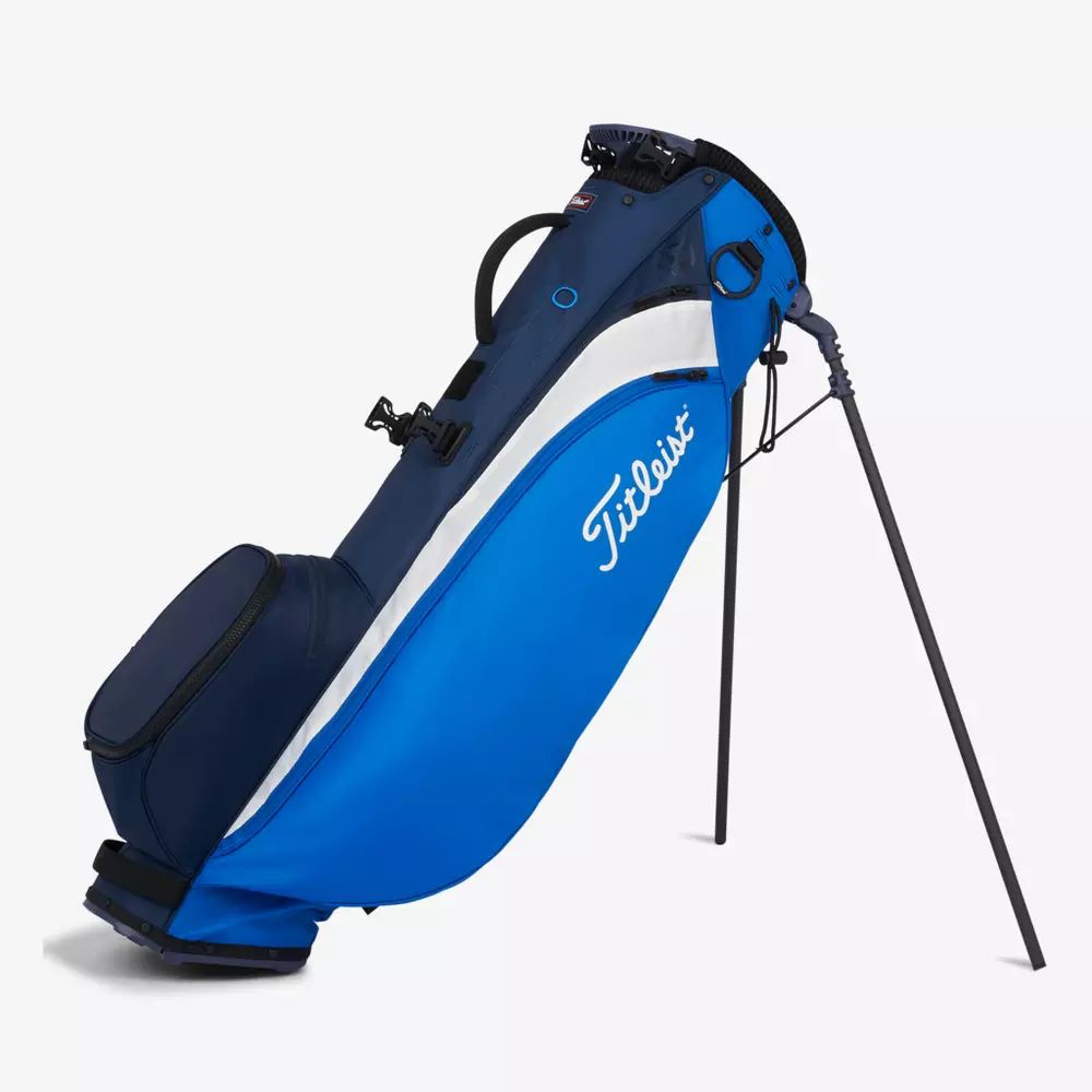 A blue and navy Titleist golf stand bag with white accents is shown standing upright on its extended legs against a white background—an ideal pick among the best golf deals for $100 or less.