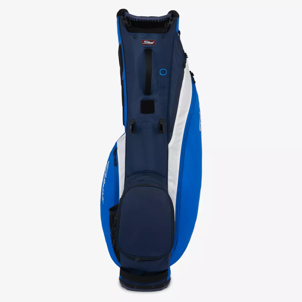 A blue, white, and navy golf bag with multiple zippered pockets and a Titleist logo at the top—one of the best golf deals for $100 or less—stands upright against a plain white background.