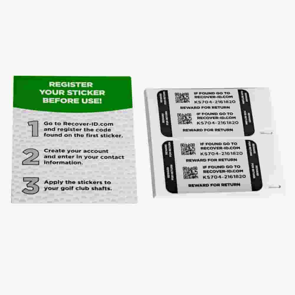 A set containing a green and white instruction card and two black and white ID stickers for golf clubs, with QR codes and recovery info—an ideal accessory for those searching for the best golf bags 2026.