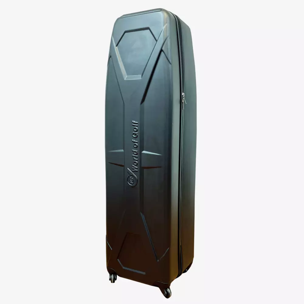 A tall, black hard-shell travel case with four wheels, upright on a white background. With geometric patterns and a vertical zipper, it's perfect for carrying equipment like the best golf rangefinders. 