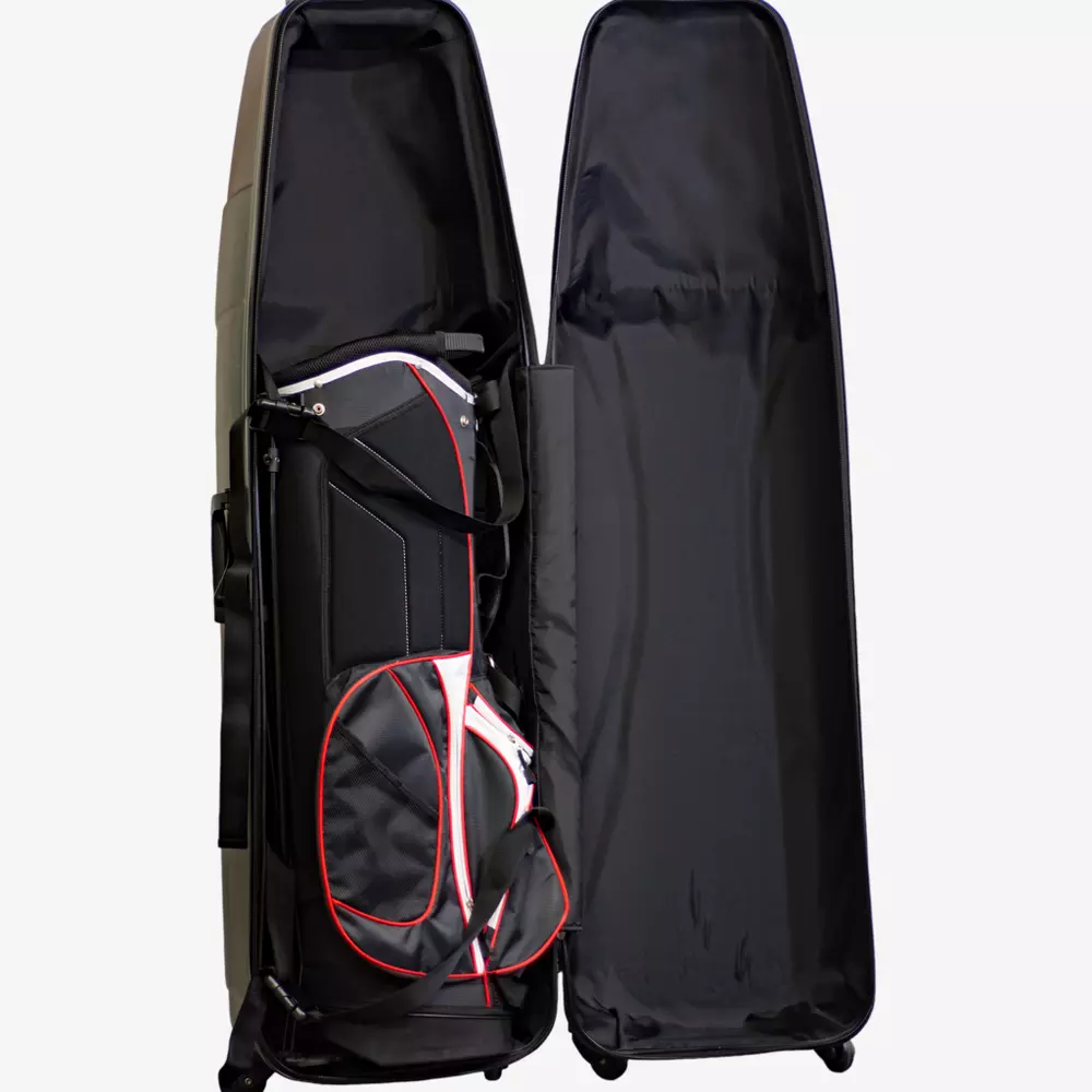 A black hard-shell travel case is open, revealing a black, white, and red golf bag packed inside—perfect for carrying clubs and the best golf rangefinders. The case stands upright with the lid propped open, showing its spacious interior.