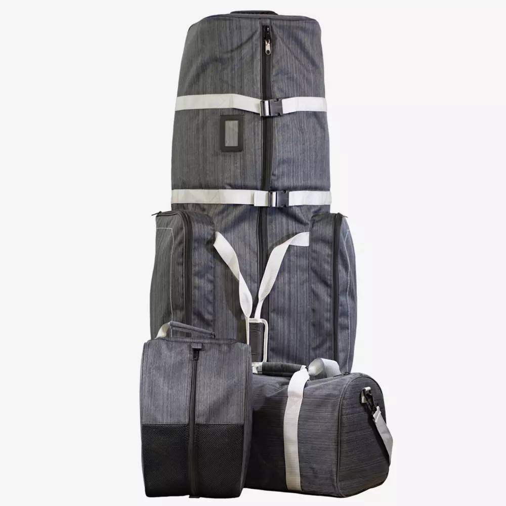 Four grey travel bags of different sizes, stacked vertically. The bags feature white straps and zippers—ideal companions for trips to the course with your best golf rangefinders—shown as a backpack, two duffel bags, and one rectangular bag.