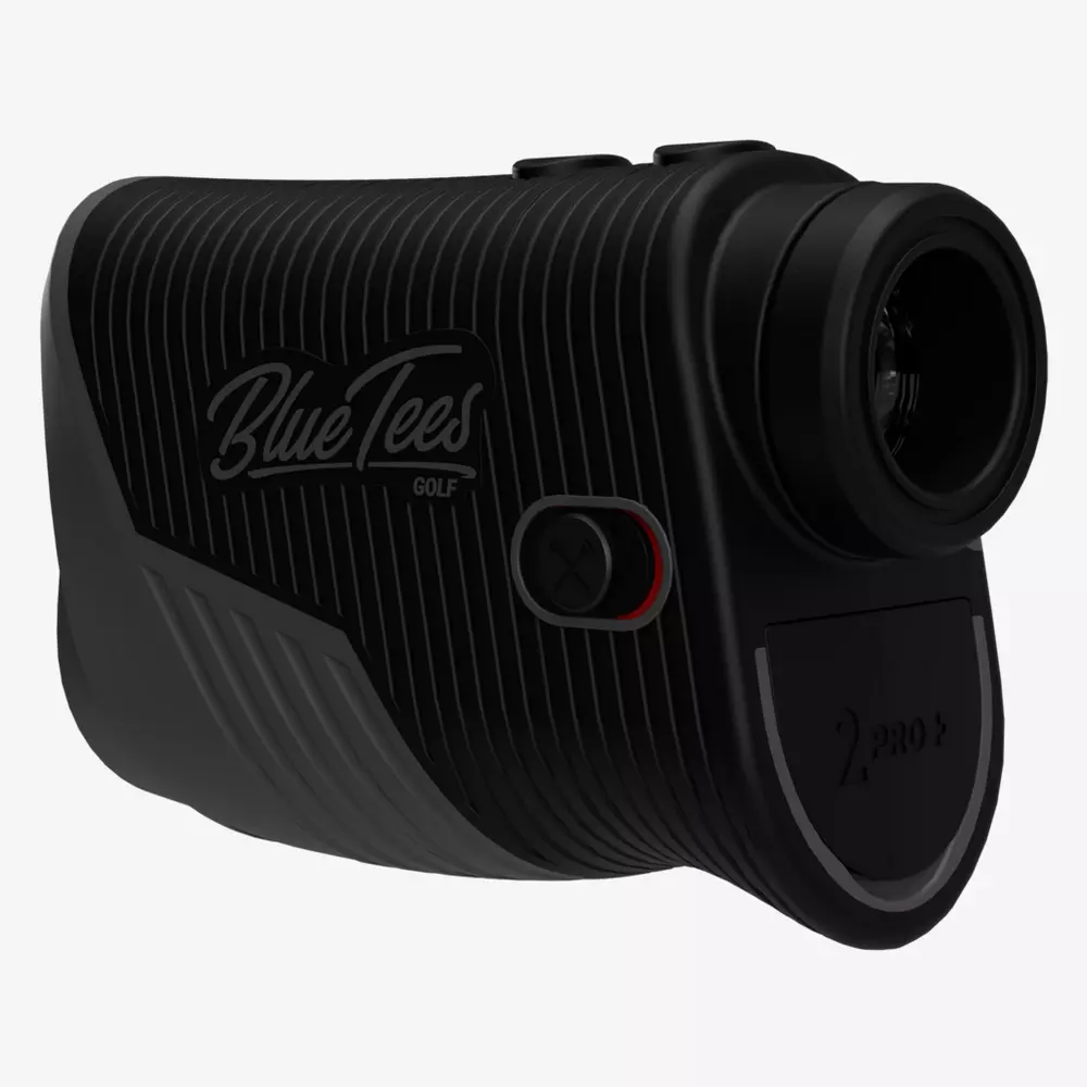 A black Blue Tees Golf rangefinder with a textured grip, a circular lens, a red-accented button, and the 2 Pro+ model label on the front—perfect for golfers searching for the best deals under $50.