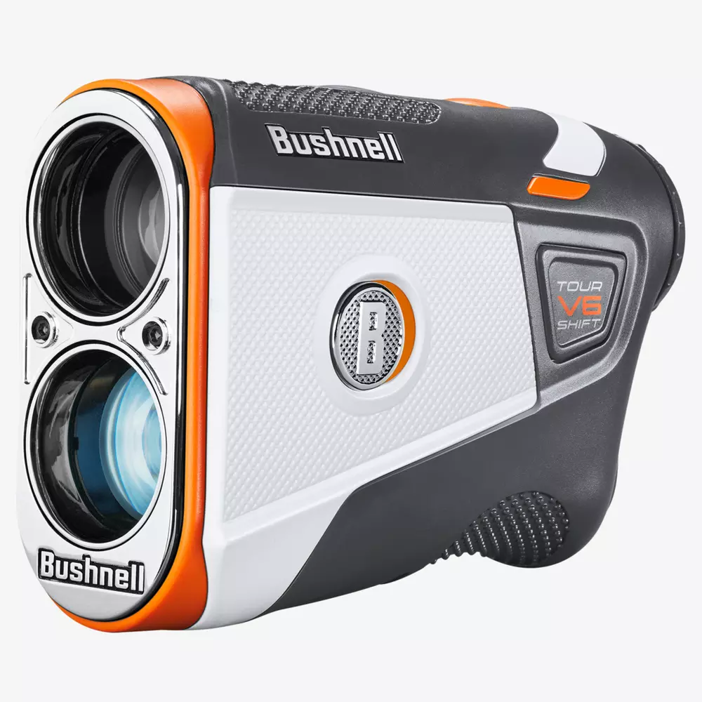 A close-up view of a Bushnell Tour V6 Shift golf rangefinder, featuring a dual-lens design, textured grip, and buttons with orange, black, and white accents—perfect for those searching for the best deals under $50.