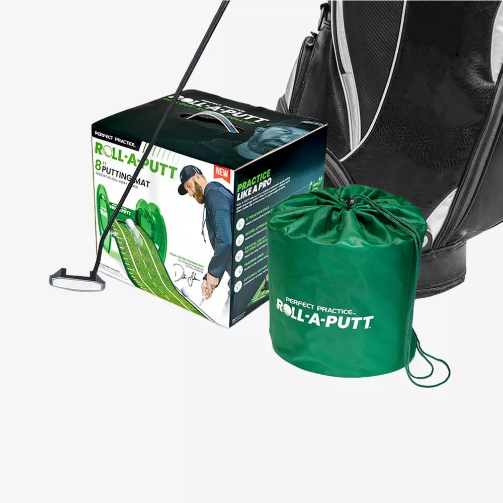 A golf putter, a black golf bag, a green drawstring pouch, and a box labeled Roll-A-Putt Putting Mat with product images and a golfer on the packaging—find the best deals under $50 on these golf essentials!.