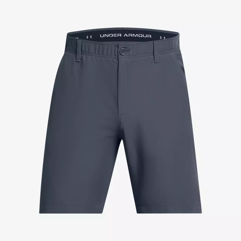 A pair of dark gray Under Armour men's shorts with belt loops, a button closure, and knee-length design—perfect for pairing with the best golf travel bags—displayed on a plain white background.