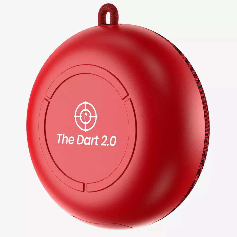 A round, red portable speaker labeled The Dart 2.0 with a target logo on the front and a small loop at the top for easy carrying—one of the best deals under $50.