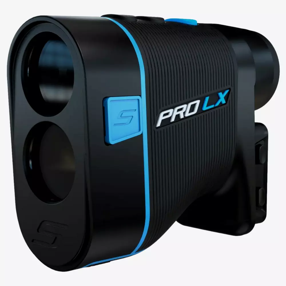 A black and blue Pro LX rangefinder with dual lenses, a textured grip, and a side button, designed for measuring distances in sports like golf—now available among the best deals under $50.
