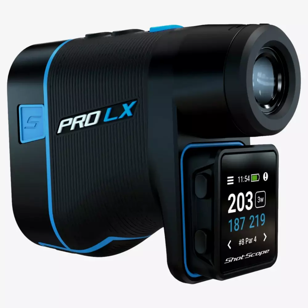 A black and blue PRO LX golf rangefinder with a digital display screen shows distance readings and golf data—perfect for golfers searching for the best deals under $50.