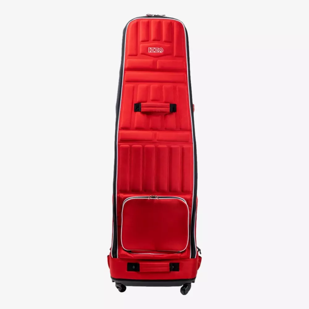 A bright red, hard-shell golf travel bag with padded sections, a front zippered pocket, a side handle, and wheels at the base—perfect for carrying your clubs and best golf rangefinders—stands upright against a plain white background.