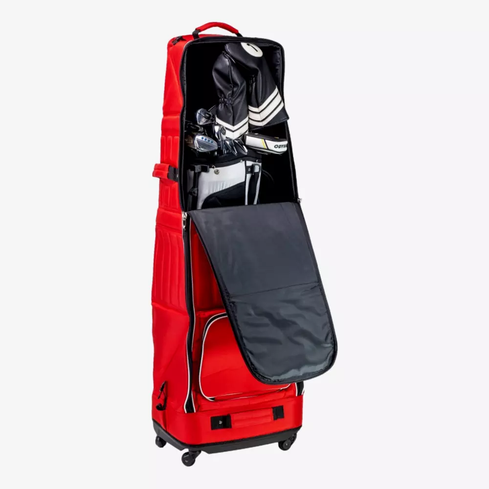 A red wheeled travel case is open to reveal a set of golf clubs, a golf bag, and space for the best golf rangefinders inside. The case has a partially unzipped cover and stands upright on four wheels.