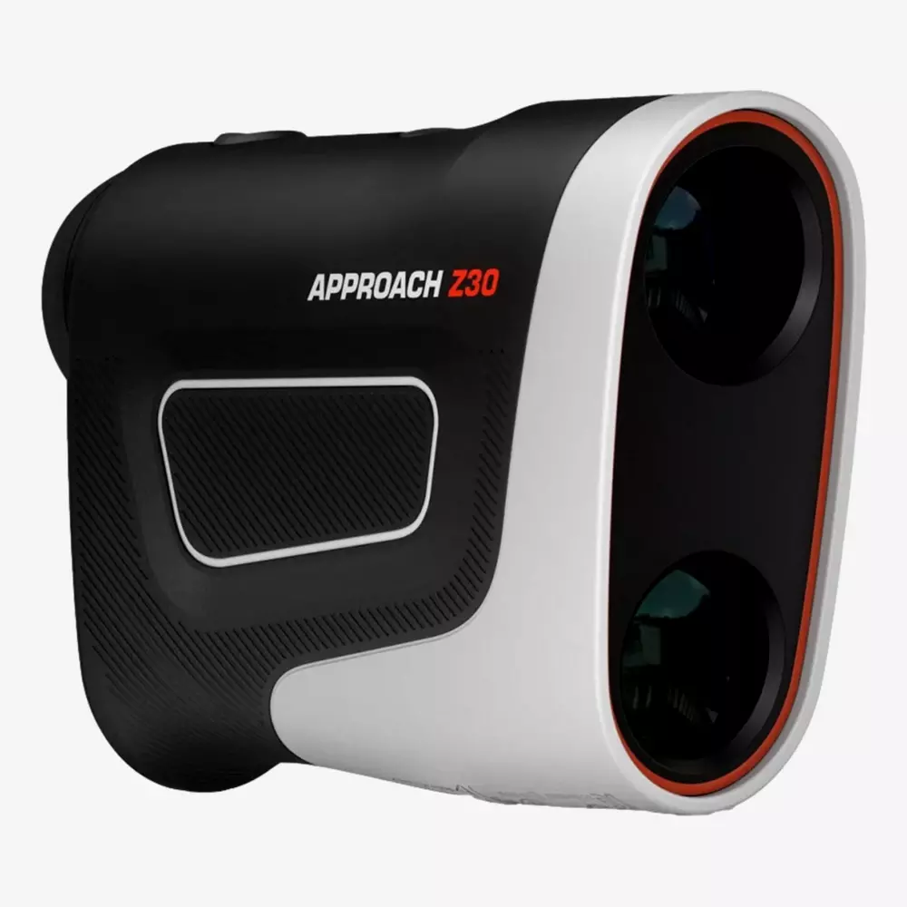 A black and white handheld device labeled APPROACH Z30 with red accents, featuring two lenses on one end and a textured grip, resembling a golf rangefinder—perfect for those seeking the best deals under $50.