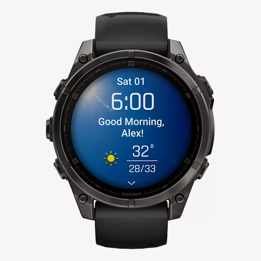 A black smart watch displays the time as 6:00 on Saturday the 1st, with a “Good Morning, Alex!” greeting and weather info showing 32°C—perfect for heading out in your best golf shorts on a sunny day.