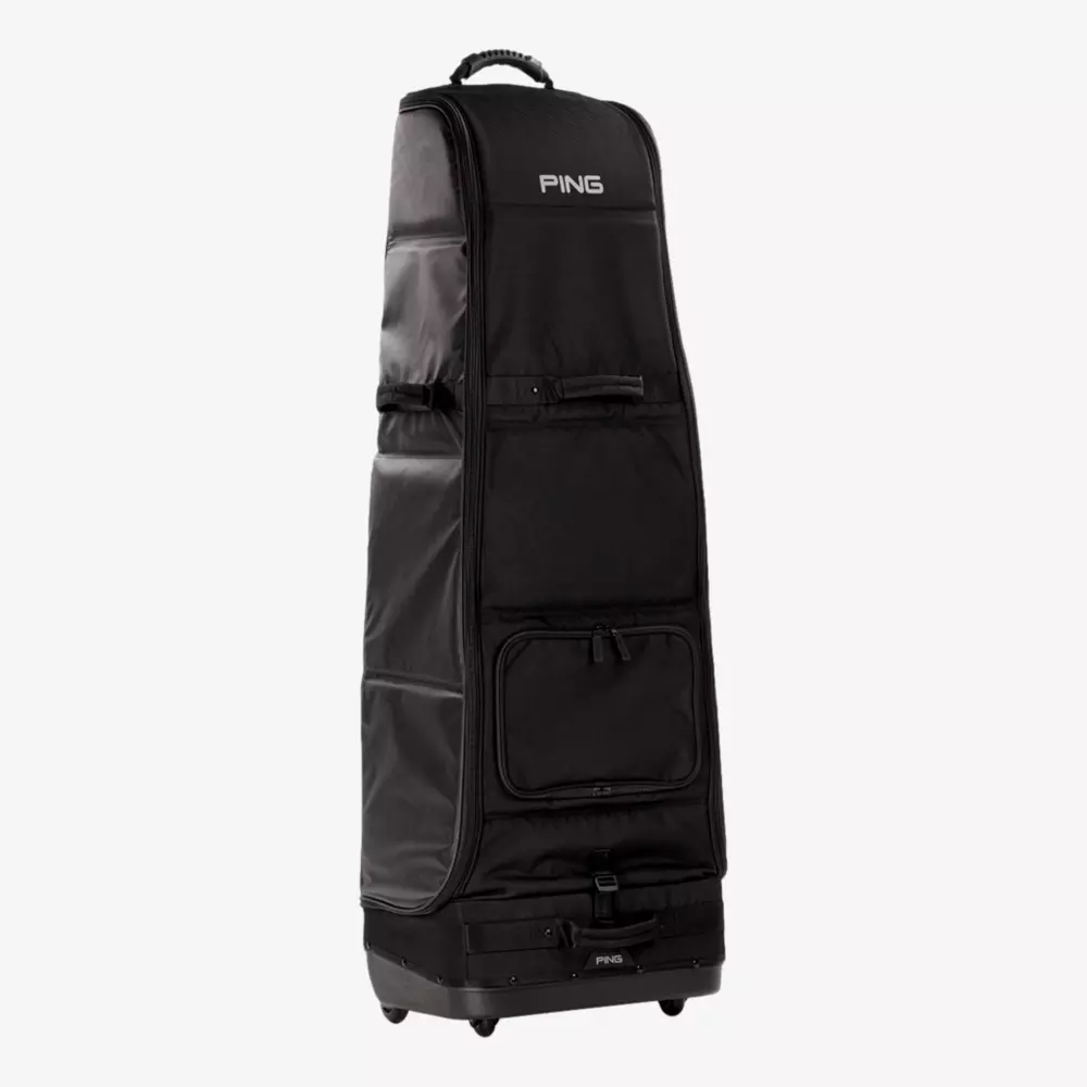 A tall, black PING golf travel bag with a handle on top, multiple zippered compartments, and wheels at the base stands upright against a plain white background—perfect for carrying your best golf rangefinders and gear.