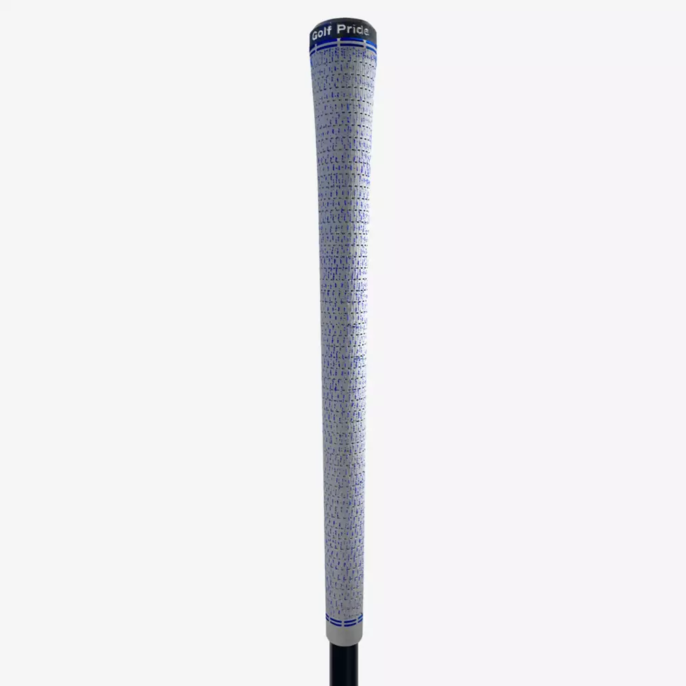 A close-up view of a Golf Pride club grip featuring a white and gray textured pattern with blue accents—one of the best deals under $50 for quality and style.