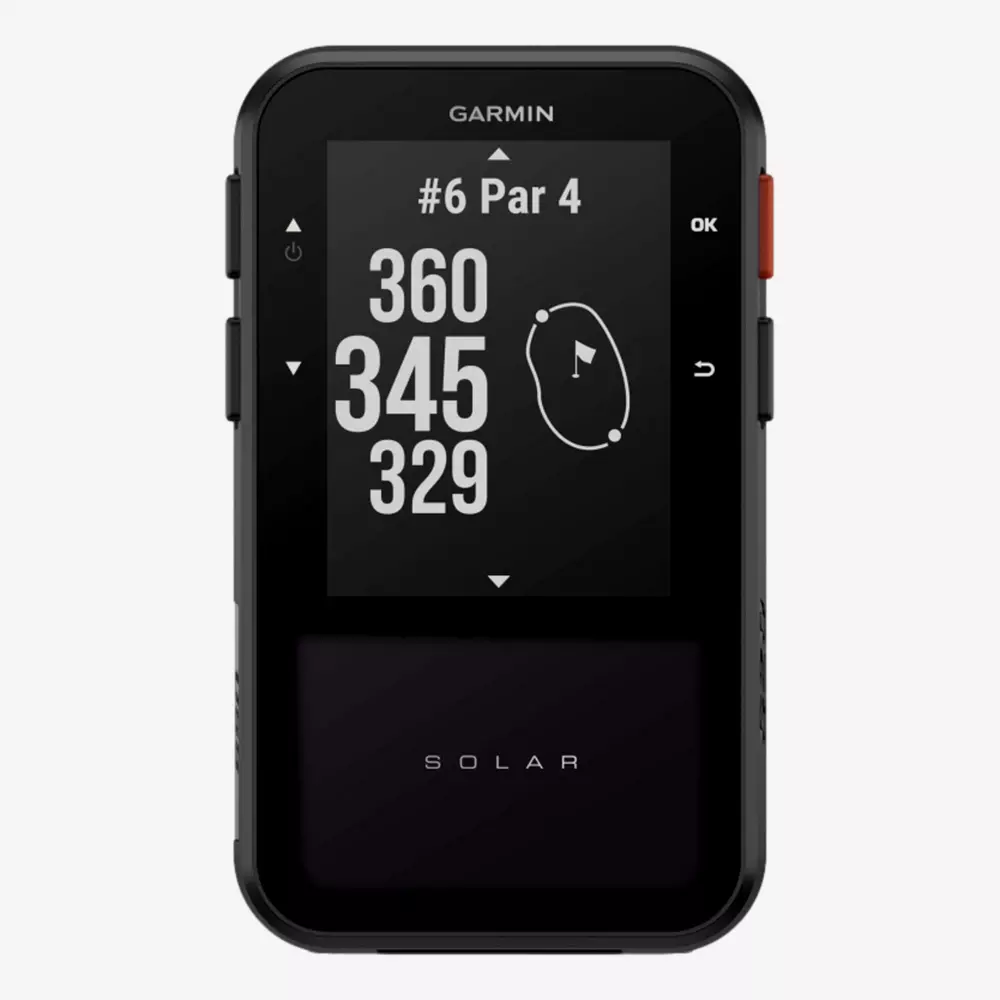 A black Garmin handheld golf GPS device displays hole 6, par 4, with distances of 360, 345, and 329 yards, and an easy map of the green. The word SOLAR appears below the screen—one of the best golf deals for $100 or less.
