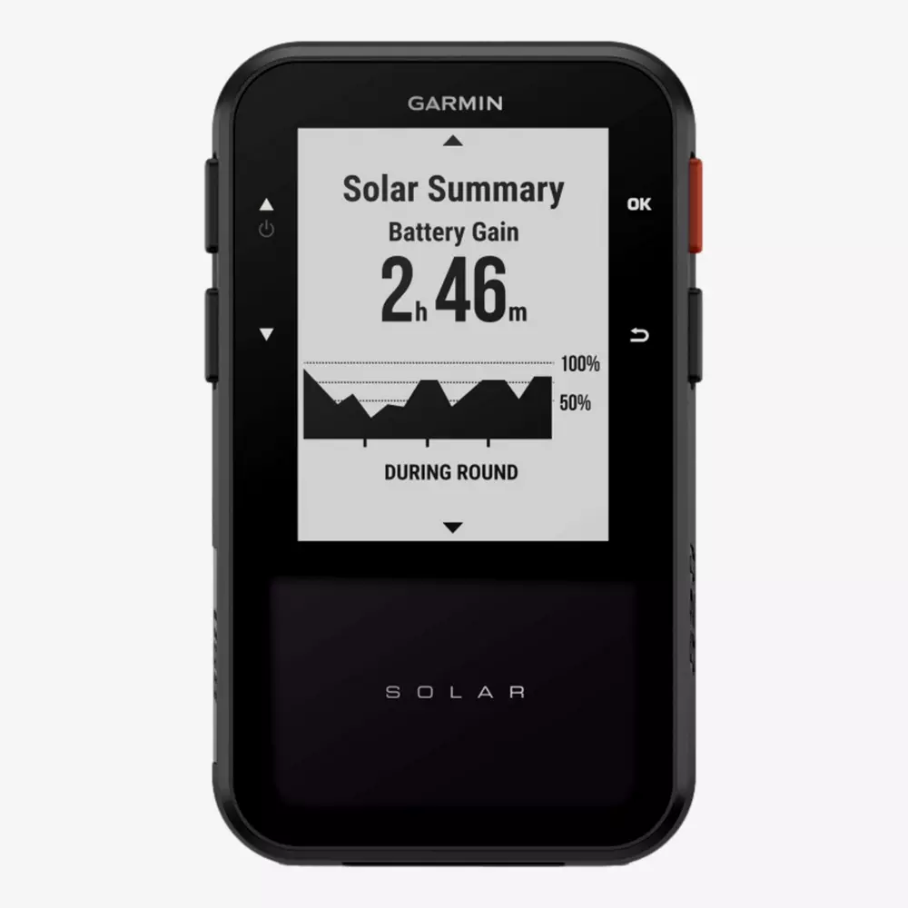 A Garmin device displays a solar summary screen showing battery gain of 2 hours and 46 minutes, with a graph indicating solar intensity during a round. The word SOLAR is visible at the bottom—ideal for golfers seeking the best golf deals for $100 or less.