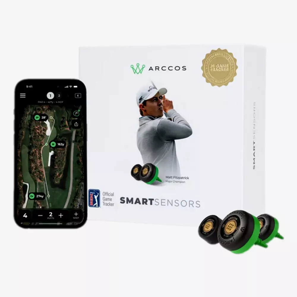 Arccos Smart Sensors golf tracking system box featuring a golfer, two sensors, and a smartphone displaying a golf course tracking app—one of the best golf deals for $100 or less.