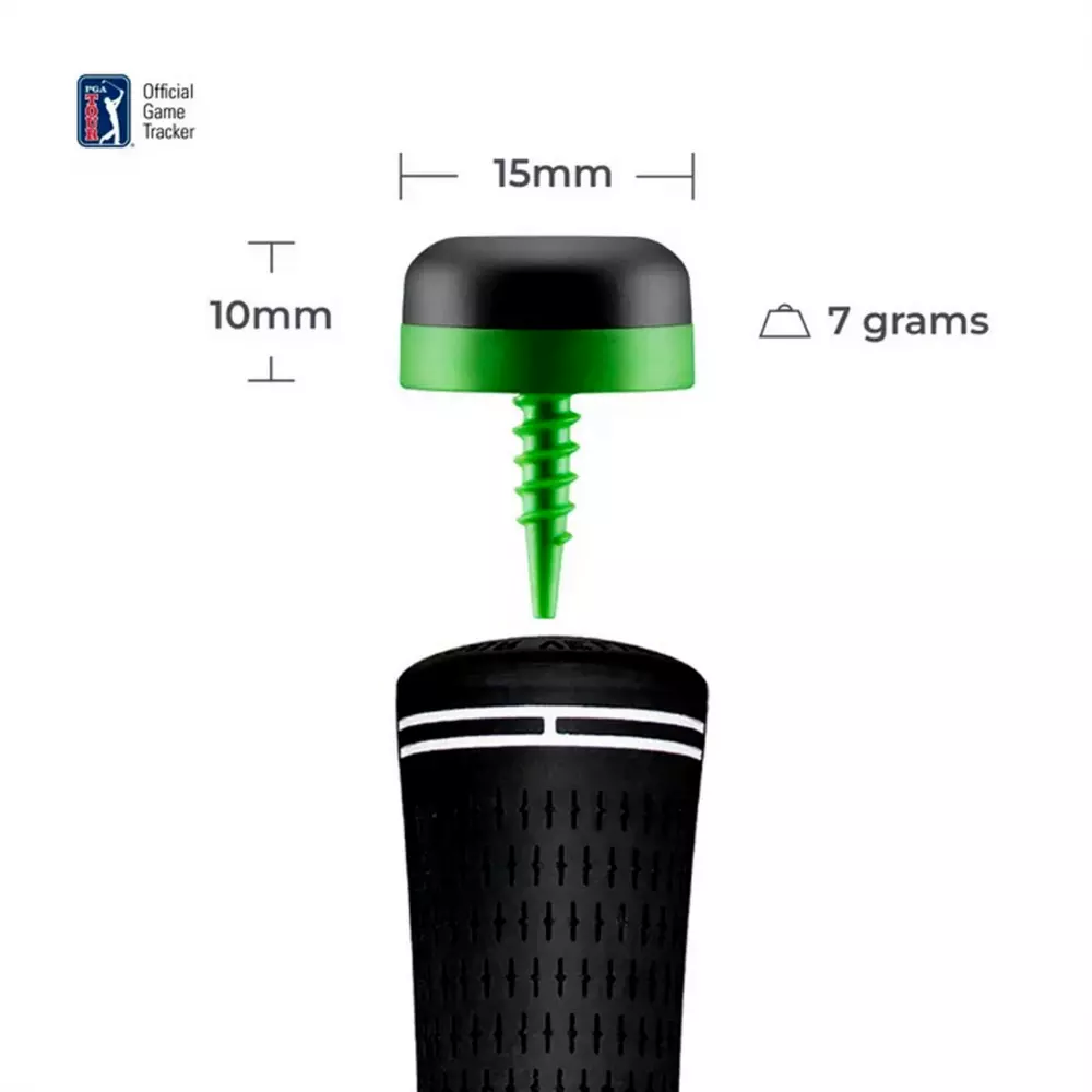 A green and black device with a screw base is shown above a golf club grip. Measurements are 15mm wide, 10mm tall, and 7 grams. The PGA Tour logo appears in the top left—perfect for those seeking the best golf deals for $100 or less.