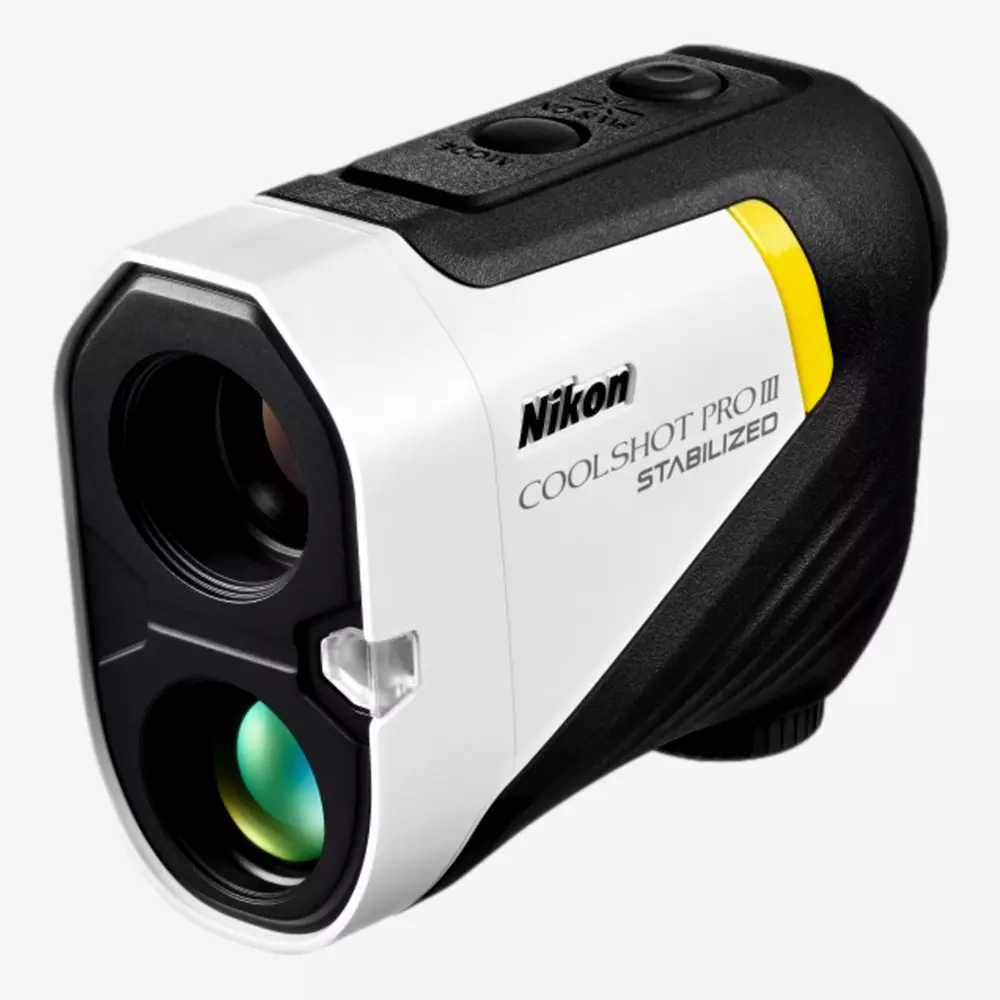 A Nikon COOLSHOT PROII STABILIZED rangefinder with a white and black body, yellow accent, dual lenses, and control buttons on top is shown on a white background—perfect for those seeking the best deals under $50.