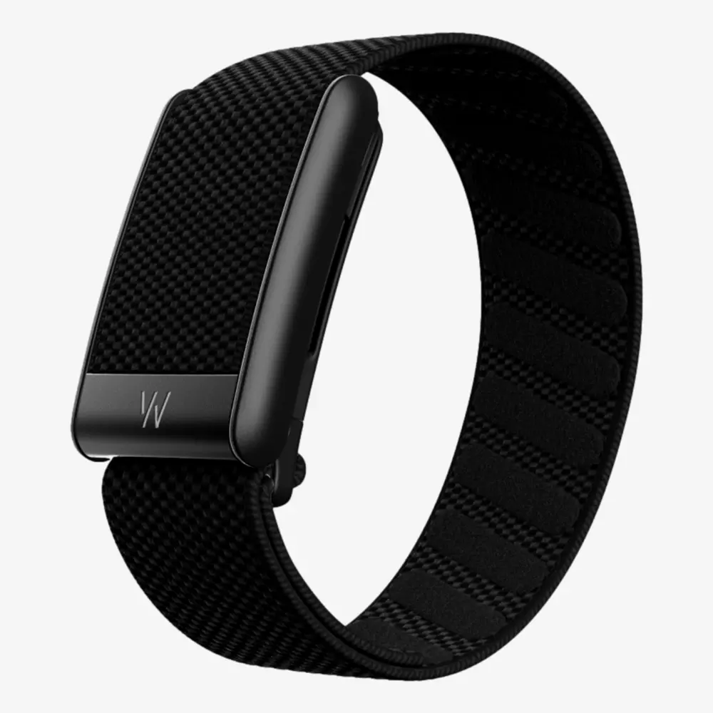 A black wearable wristband with a textured strap and a rectangular, minimalist face featuring a small W logo—an adjustable, sleek modern design that makes it one of the best golf deals for $100 or less.